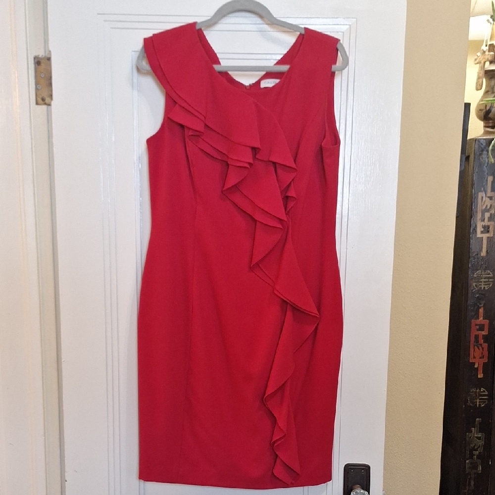 Calvin Klein Red Asymmetrical Ruffle Dress